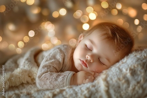 Fototapeta Sleeping baby with warm bokeh lights. Peaceful newborn baby asleep on a soft blanket surrounded by warm bokeh lights. Ideal for family, parenting, and holiday themes.