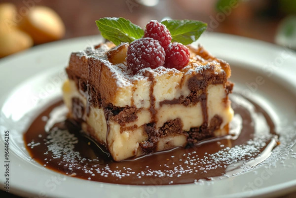 Fototapeta Indulge in rich chocolate bread and butter pudding drizzled with luscious sauce and topped with fresh raspberries and mint