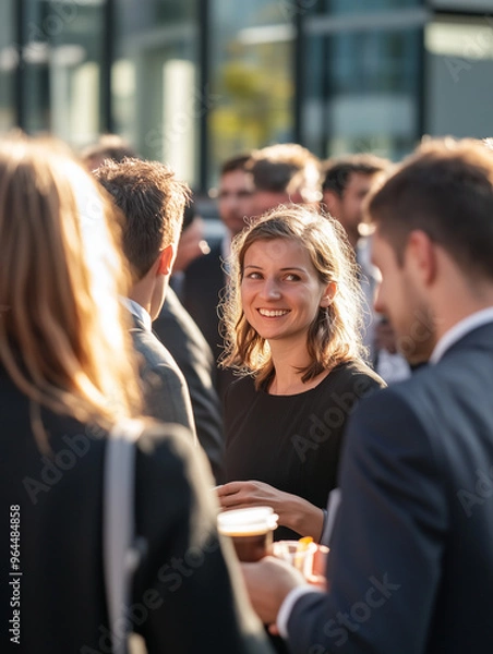 Obraz Business event networking scene, experience sharing conference, office building background