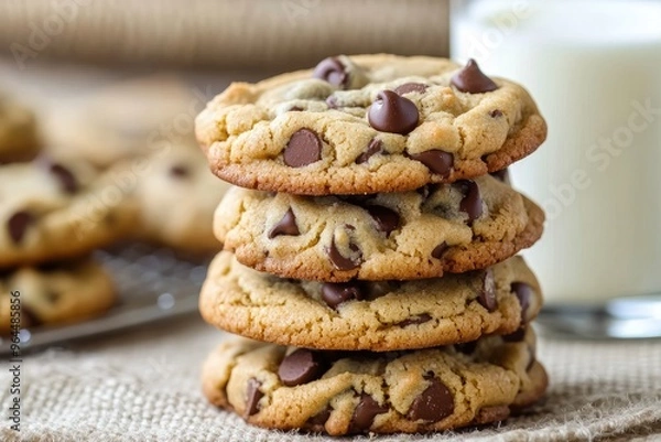 Fototapeta A stack of chewy peanut butter chocolate chip cookies, with a glass of milk in the background