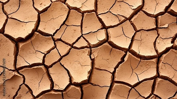 Fototapeta Cracked soil forms a rugged, abstract pattern of dry earth.