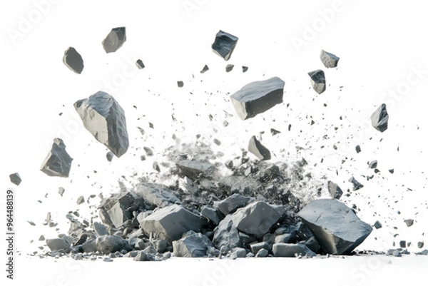 Obraz A pile of grey rocks, scattered and broken, on a white background