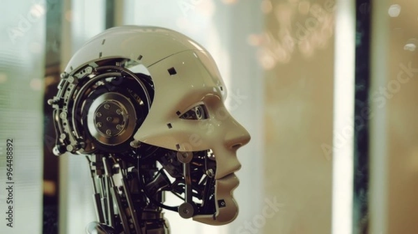 Fototapeta A close-up profile view of a sophisticated humanoid robot with intricate mechanical parts, symbolizing future technology and artificial intelligence.