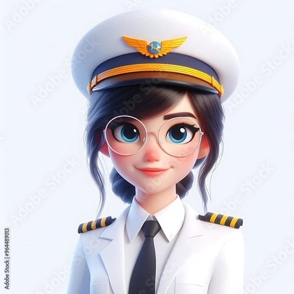 Obraz 3D Render Cute Female Pilot in White Uniform with Glasses, Clean and Simple Design on Solid White Background