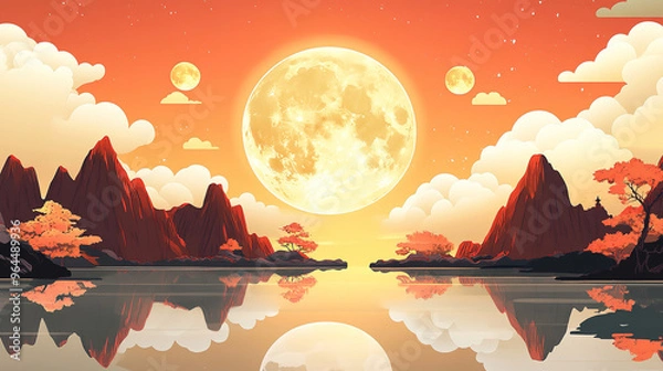 Fototapeta A traditional Chinese landscape painting style design suitable for the Mid-Autumn Festival, featuring colorful clouds, water reflections, a full moon hanging over the lake, red cliffs and trees.