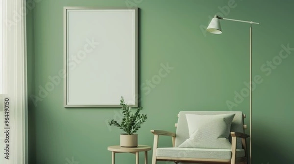 Obraz A minimalist green-themed room featuring a wooden armchair and adjacent whiteboard, adorned with a potted plant for a touch of nature.