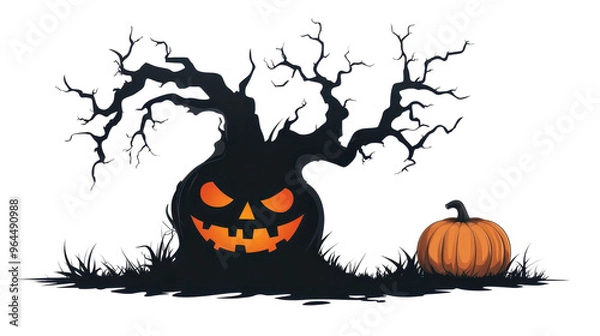 Fototapeta Eerie Silhouette of Cartoon Spooky Tree with Grinning Pumpkin on White Background