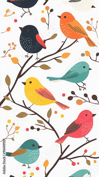 Fototapeta birds tree colorful birds autumn leaves nature illustration cute birds digital art whimsical design birdwatching seasonal change minimalist art graphic design
