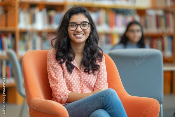 Fototapeta Intelligent South Asian woman, student with glasses, sits in an orange armchair smiling at the camera while being interviewed by another person in front of bookshelves. In a background library setting