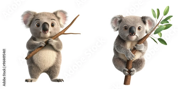 Fototapeta Cute cartoon koalas holding branches, showcasing their playful nature and adorable features. Perfect for children's themes. isolated on a transparent background