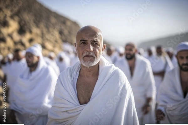 Fototapeta A man in white robes stands out in a crowd of pilgrims