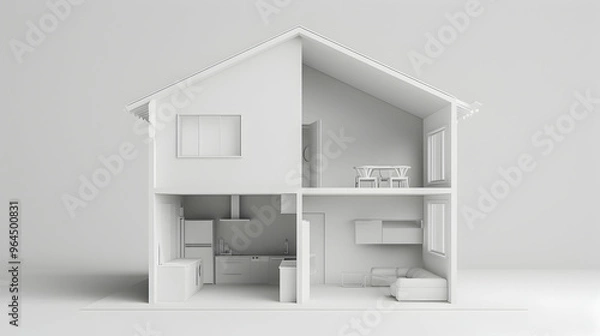 Fototapeta White simple empty 3d house in cross section, on light gray background. Real estate concept or symbol. 3d illustration