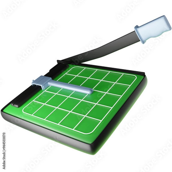 Fototapeta 3D Render of a Paper Cutter with Blade and Handle, Perfect for Office or Craft Use. Clipart for Precision Cutting Tools in Document Preparation and Office Supplies.