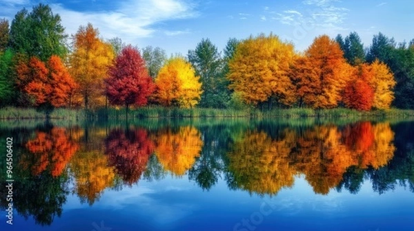 Fototapeta A lake surrounded by autumn-colored trees reflecting stunning seasonal hues 