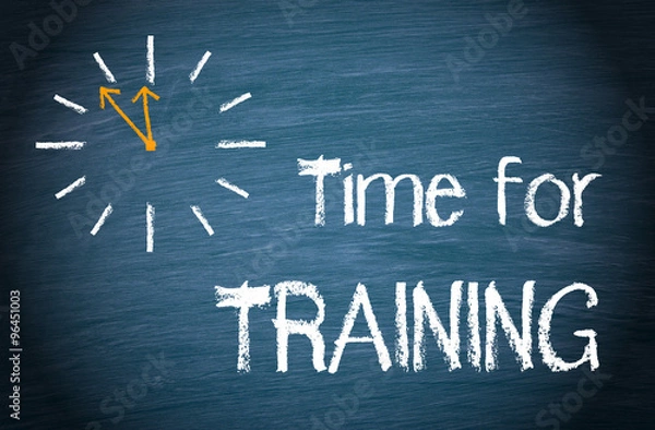 Fototapeta Time for Training - clock with text on blue background