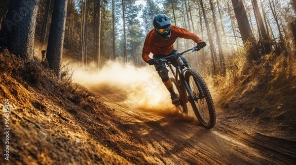 Fototapeta Adrenaline Rush: Mountain Biker Speeding Through Rugged Trail with Dust Clouds Amidst Forest Trees