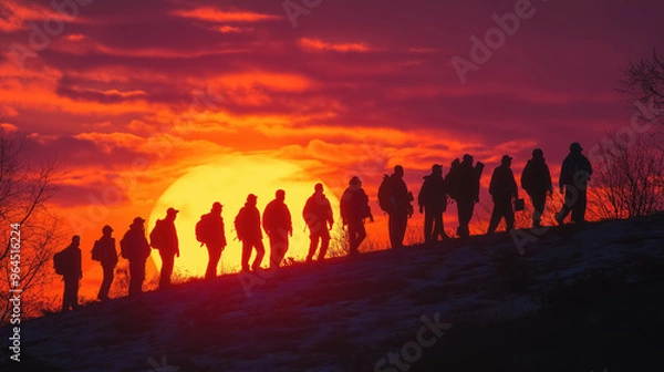Fototapeta Silhouette of a group of hikers walking along a hill during a vibrant sunset, with the orange sky creating a striking and adventurous scene.
