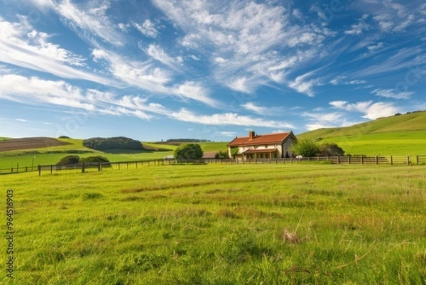 Fototapeta A white farmhouse sits on a green pasture under a blue sky with wispy clouds
