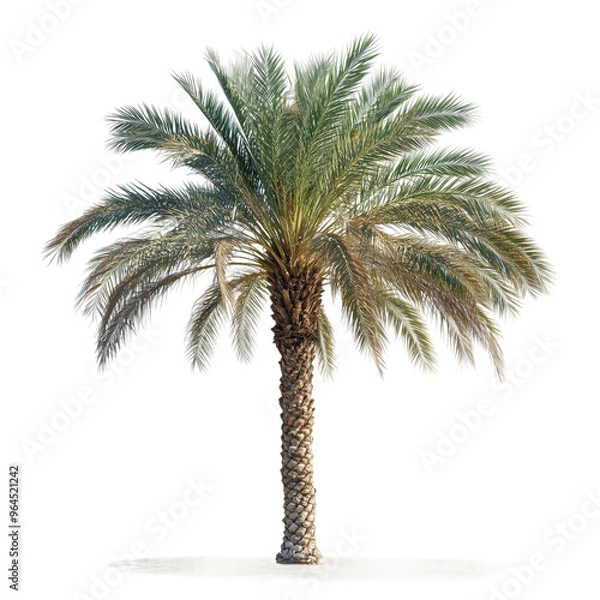 Fototapeta A single palm tree with lush green fronds stands tall on a transparent background, showcasing its tropical beauty and resilience