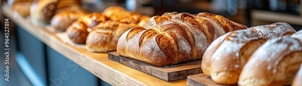 Fototapeta Freshly baked bread loaves on a wooden table, showcasing a variety of shapes and textures in a cozy bakery setting.