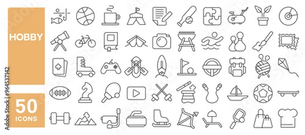 Fototapeta Set of 50 line icons related to hobby, free time, hiking, acting, traveling, cooking, fishing, chess, painting, cycling, Editable stroke. Vector illustration