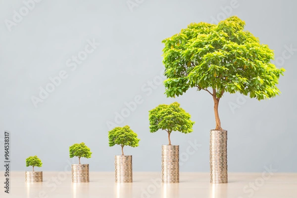 Obraz Stacking gold coin and tree with growing interest put on the wood on gray background in the office, Saving money and loan for business investment concept.