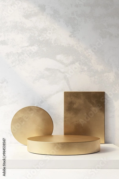 Obraz Golden empty circular and rectangular and circle in  backdrop on white surface against light textured wall. Product display background with copy space