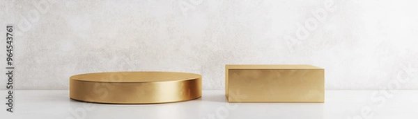 Obraz Golden empty circular and square podiums on white platform against light textured wall. Product display background with copy space.