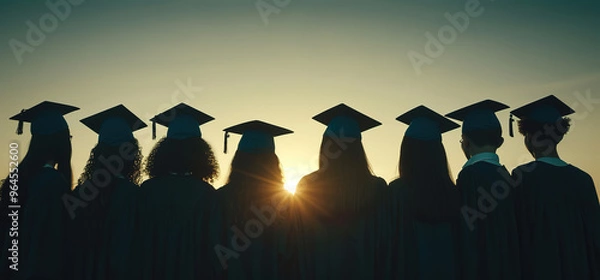 Obraz Silhouette of a group of graduates with caps and gowns in front of a sunset. A symbol of achievement, education, and hope for the future.