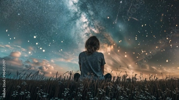 Obraz A woman sits in a field, gazing up at the Milky Way and star-filled sky, reflecting a sense of wonder and peace..