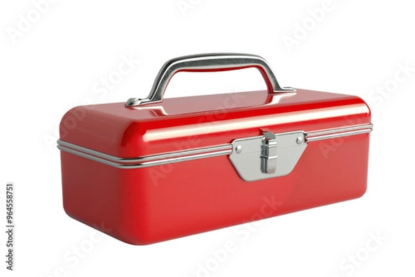 Fototapeta Red metal toolbox with a handle and latch, perfect for storing and organizing tools in a workshop or garage setting.