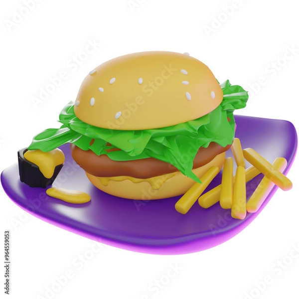 Fototapeta 3D Render of a Burger with Fries, Perfect for Fast Food and Restaurant Designs. Clipart for Meals, Snacks, and Food-Related Projects.