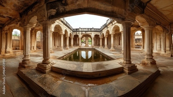 Obraz A wide-angle shot of the Queen Bath in Hampi, with its serene courtyard and arched openings.