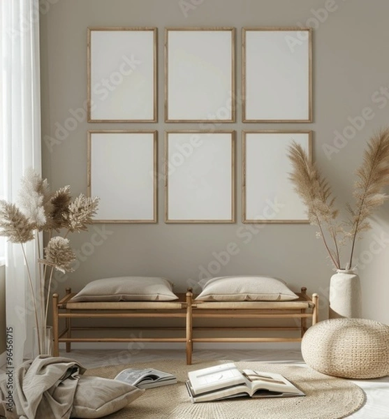 Fototapeta Modern minimalist interior with empty frames and soft textiles on a neutral backdrop