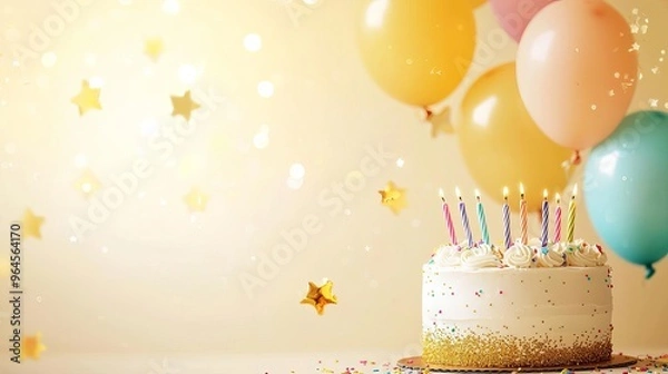 Obraz Goldglittered birthday cake with colorful balloons and shimmering stars, vibrant celebration background