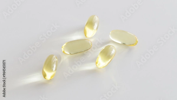 Fototapeta Soft Gel Capsules – Omega-3 Supplements on a white background. Healthy lifestyle. Minimalistic design