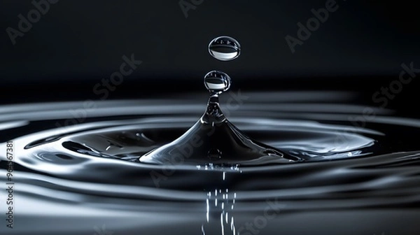 Fototapeta Liquid Mercury: A close-up of liquid mercury droplets merging on a reflective surface, with high contrast between the silver liquid and a dark background. 