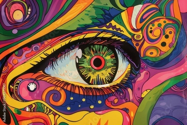 Fototapeta Psychedelic art poster of an eye with swirling patterns and bold colors, perfect for a retro or musicthemed room