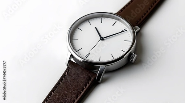 Fototapeta Minimalist Watch: A minimalist wristwatch with a clean face and simple leather strap, placed on a pristine white background, with soft lighting emphasizing its contours.

