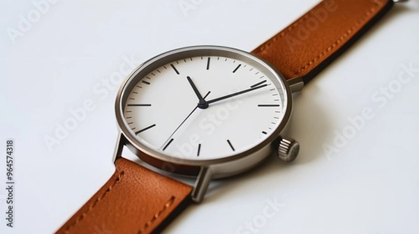 Fototapeta Minimalist Watch: A minimalist wristwatch with a clean face and simple leather strap, placed on a pristine white background, with soft lighting emphasizing its contours.
