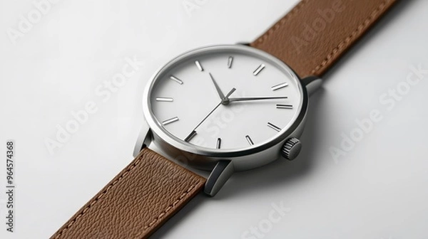 Fototapeta Minimalist Watch: A minimalist wristwatch with a clean face and simple leather strap, placed on a pristine white background, with soft lighting emphasizing its contours.
