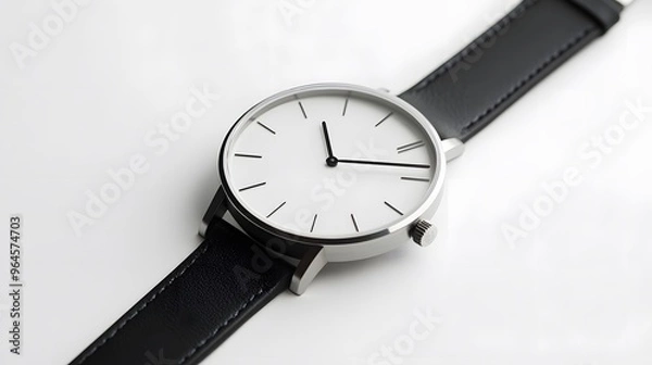 Fototapeta Minimalist Watch: A minimalist wristwatch with a clean face and simple leather strap, placed on a pristine white background, with soft lighting emphasizing its contours.
