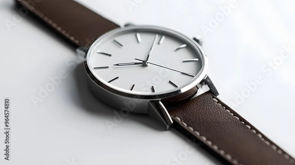 Fototapeta Minimalist Watch: A minimalist wristwatch with a clean face and simple leather strap, placed on a pristine white background, with soft lighting emphasizing its contours.
