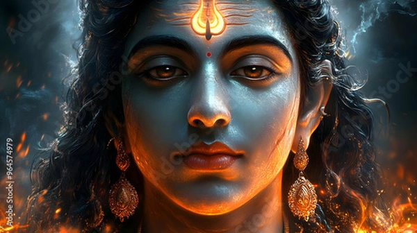 Fototapeta A striking depiction of a divine figure with blue skin and fiery background.