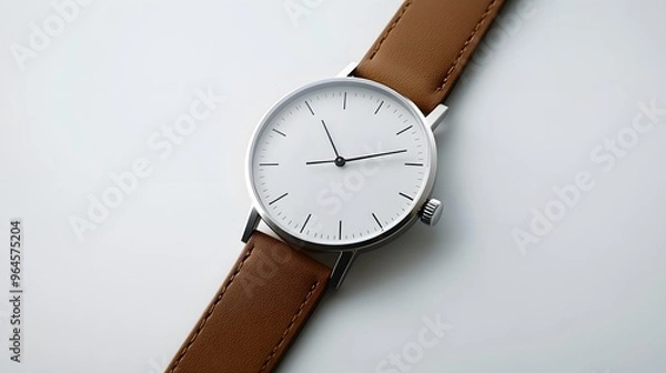 Fototapeta Minimalist Watch: A minimalist wristwatch with a clean face and simple leather strap, placed on a pristine white background, with soft lighting emphasizing its contours.
