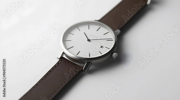 Fototapeta Minimalist Watch: A minimalist wristwatch with a clean face and simple leather strap, placed on a pristine white background, with soft lighting emphasizing its contours.
