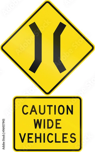 Fototapeta Road sign assembly in New Zealand - Caution wide vehicles