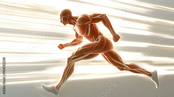 Fototapeta Muscular System Highlighted in Motion: A dynamic illustration of the muscular system during a running motion, focusing on the leg muscles as they contract and extend.
