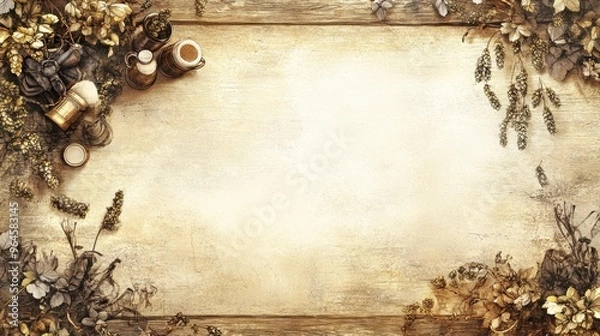 Fototapeta A rustic Oktoberfest beer hall scene featuring a man in lederhosen holding a stein of beer, standing near a wooden table covered in traditional Bavarian food. The backdrop includes hanging hops and