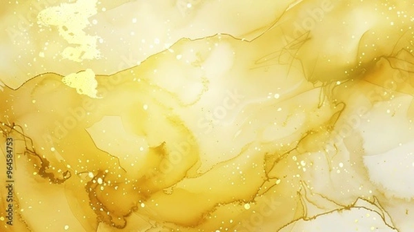 Fototapeta A magnificent texture of a golden watercolor forms a captivating background. The golden hue shimmers and glows, creating a luxurious and warm feel. The texture is rich and unique, with the watercolor 